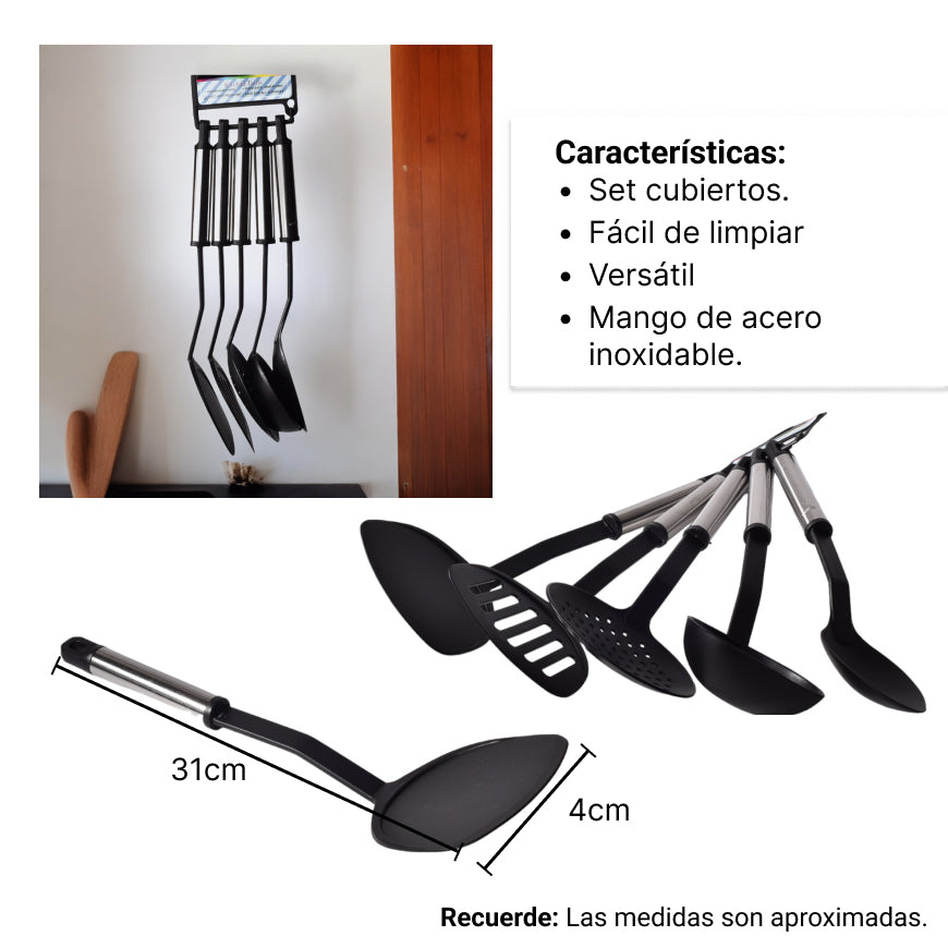 set de 6 utensilios cocina silicona plastico negro dim:10x38