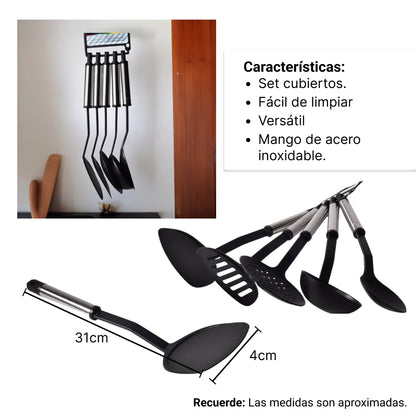 SET DE 6 UTENSILIOS COCINA SILICONA PLASTICO NEGRO DIM:10X38