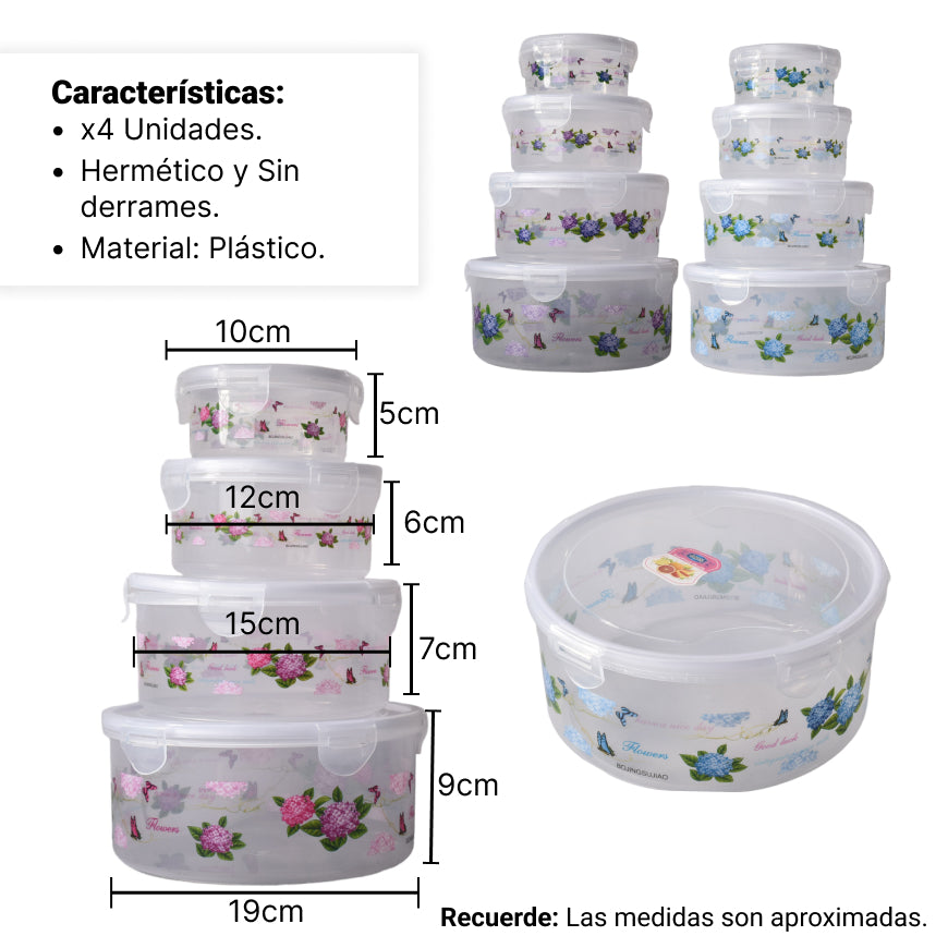 set por 4und recipientes plastico transparente redondo
