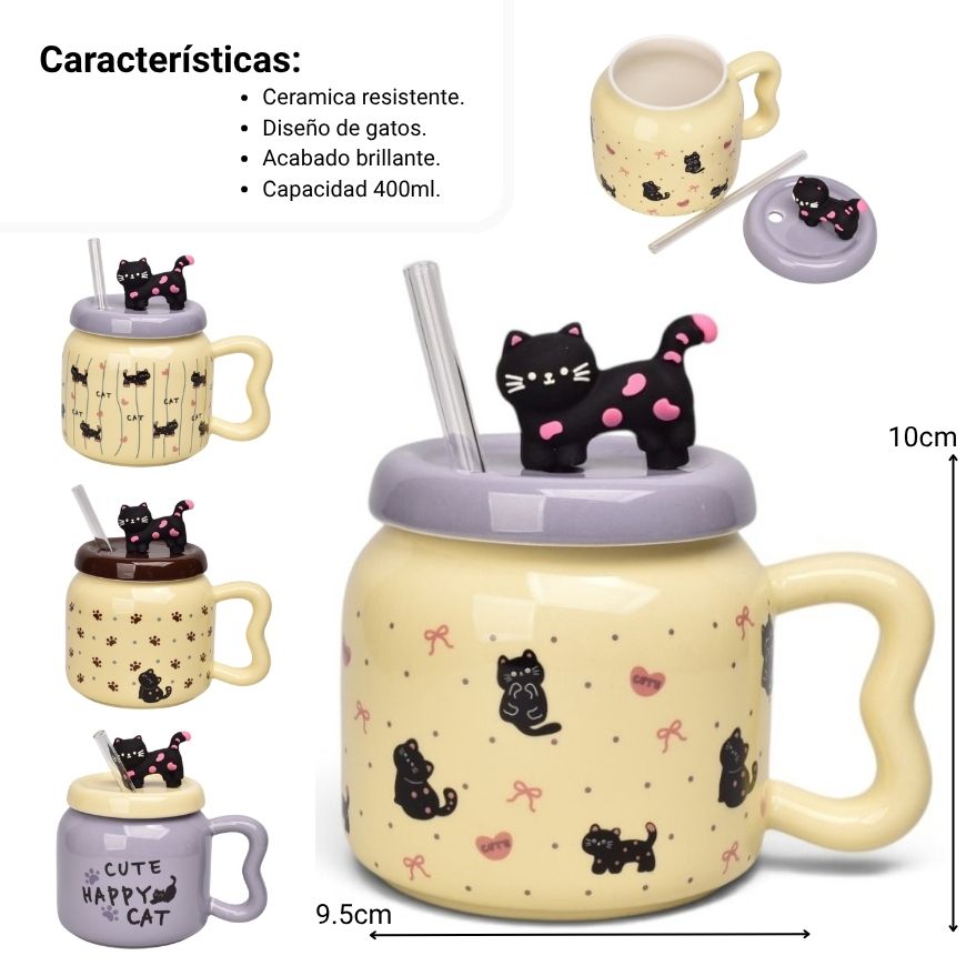 mug pocillo ceramica con tapa y pitillo 400ml
