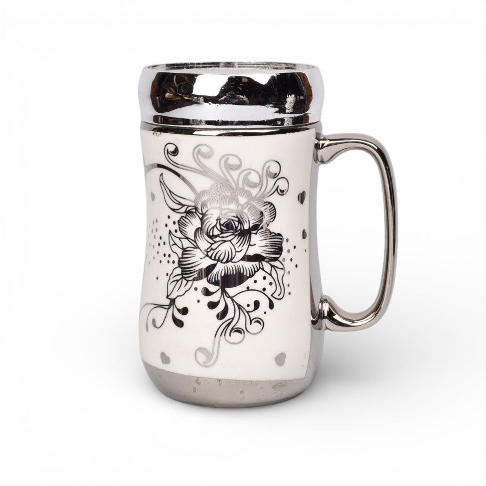 mug pocillo ceramica plateado tapa espejo 420ml dim:7x7x14