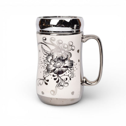 MUG POCILLO CERAMICA PLATEADO TAPA ESPEJO 420ML DIM:7X7X14