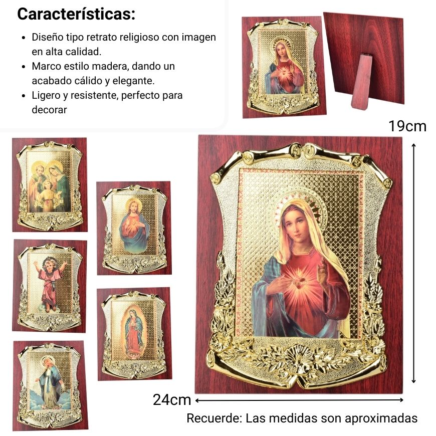 adorno dorado con imagen catolica plastica dim:19x24