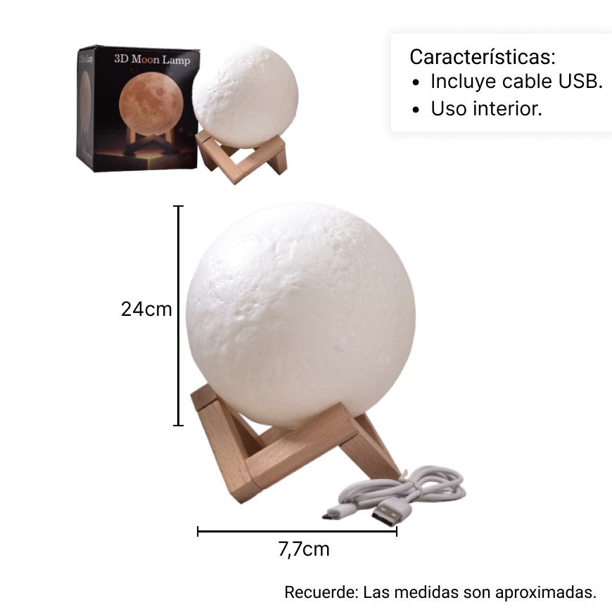 lampara led forma de luna recargable con cable udb y base ma