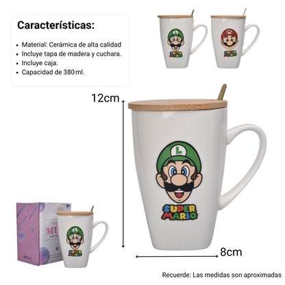 MUG POCILLO CERAMICA PERSONAJE CON TAPA DE MADERA 380ML