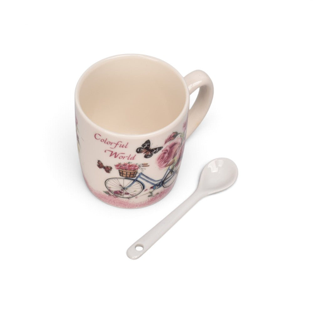 pocillo set ceramica con cuchara flores 210ml