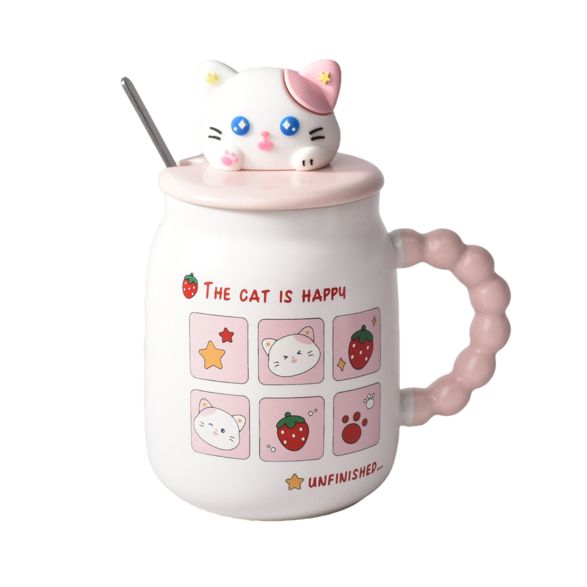 mug pocillo con tapa y cuchara ceramica diseños gatos 420ml