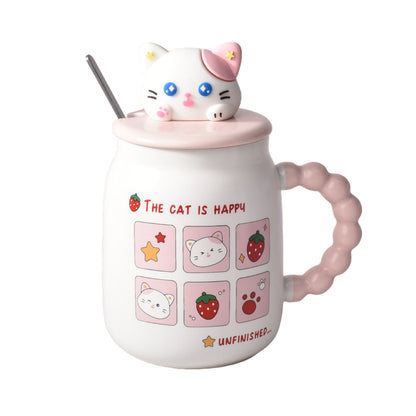 MUG POCILLO CON TAPA Y CUCHARA CERAMICA DISEÑOS GATOS 420ML