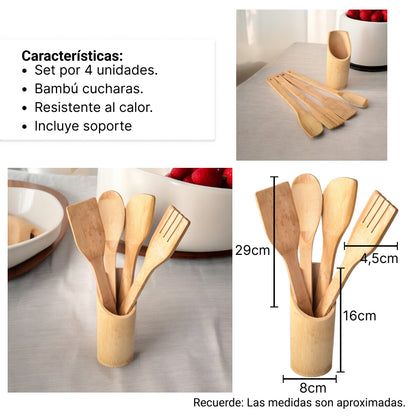 SET CUBIERTOS POR 4 UNIDADES BAMBOO CON BASE PARA COCINA