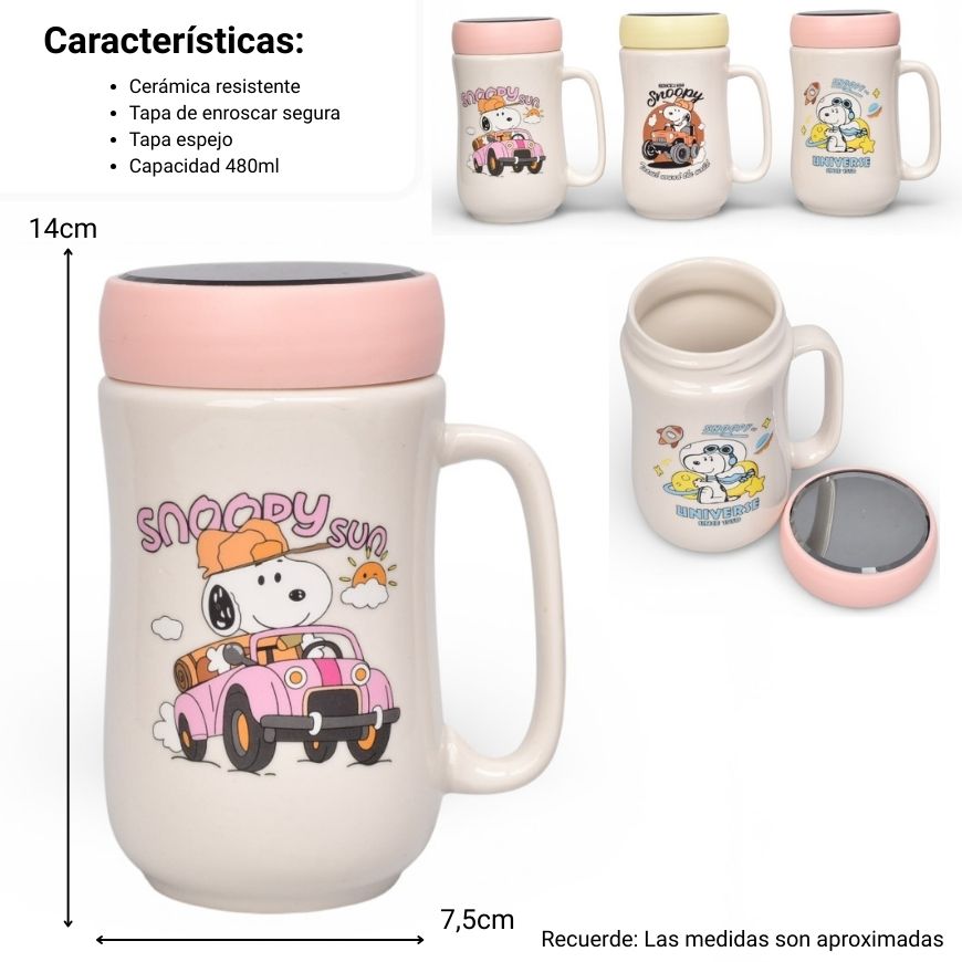 mug pocillo con tapa ceramica personaje 480ml dim:7x7x14
