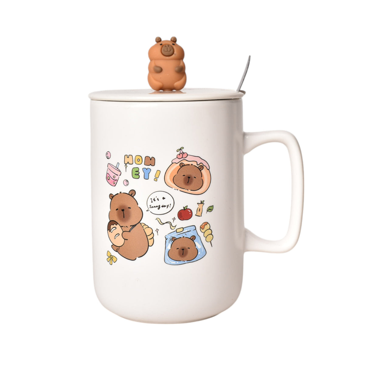mug pocillo con tapa cuchara ceramica diseños capybara 500ml