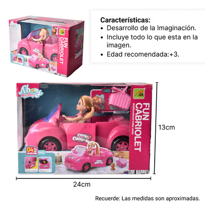 JUGUETE MUÑECA CARRO DEPORTIVO DE PLASTICO CON ACCESORIOS