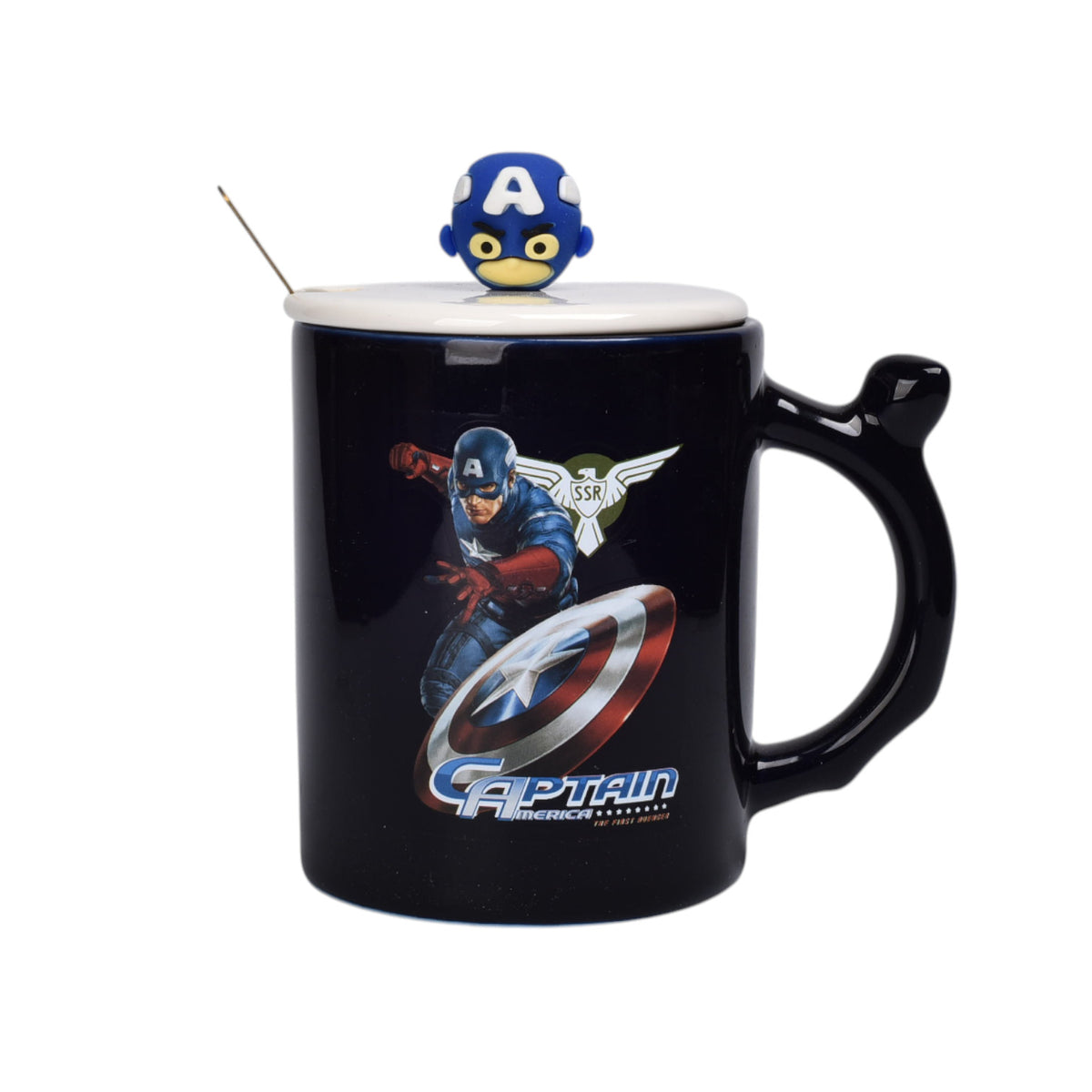 mug pocillo con tapa y  cuchara de ceramica personaje 400ml