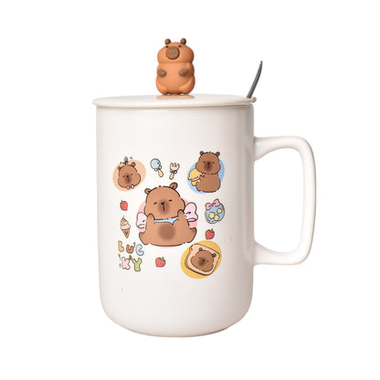 MUG POCILLO CON TAPA CUCHARA CERAMICA DISEÑOS CAPYBARA 500ML