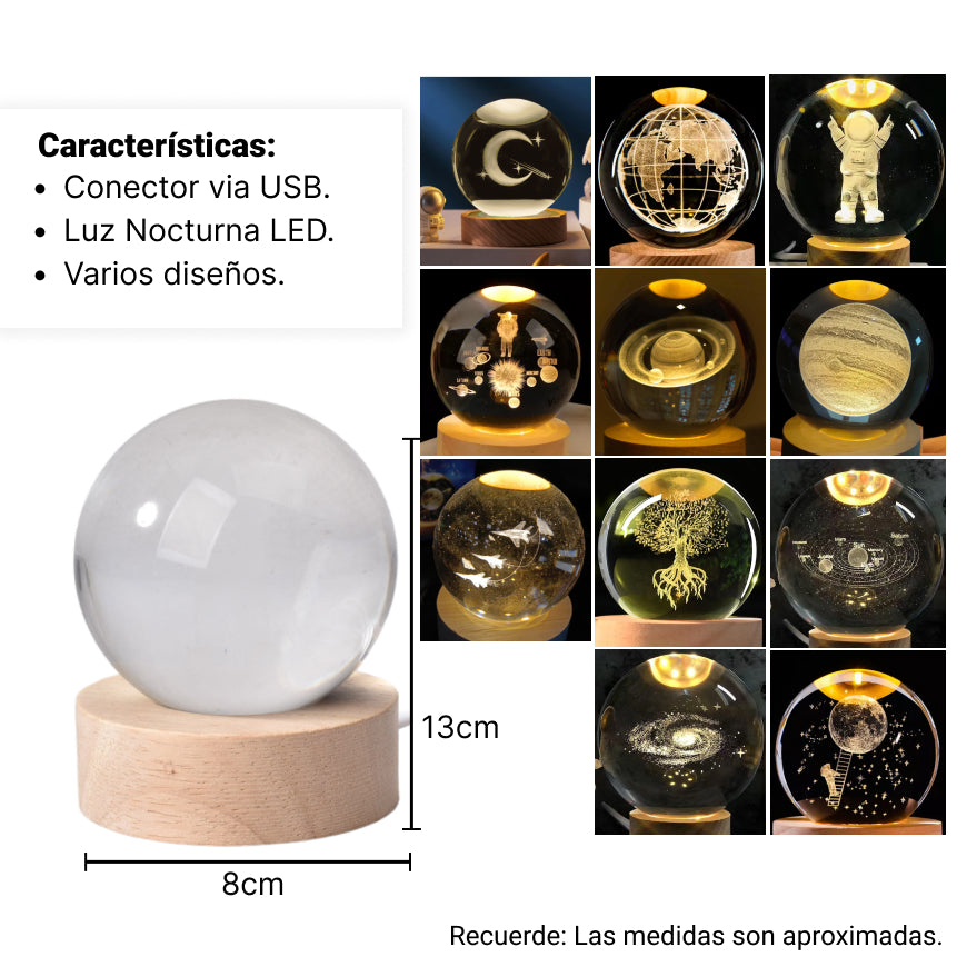 lampara esfera cristal vidrio con base madera pequeña dim:6x