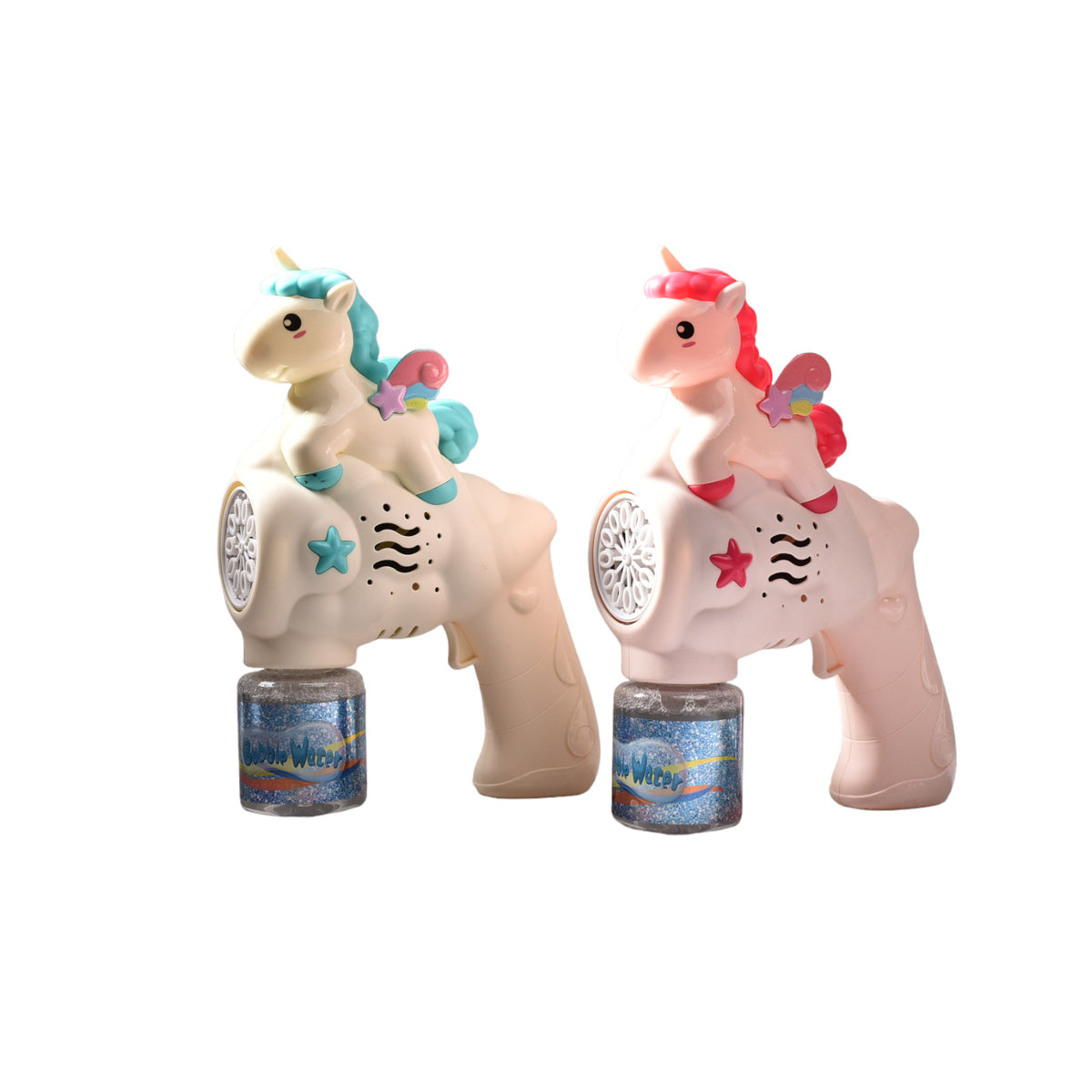 pistola de burbujas unicornio azul y rosada