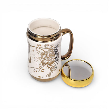 MUG POCILLO CERAMICA DORADO TAPA ESPEJO 420ML DIM:7X7X14