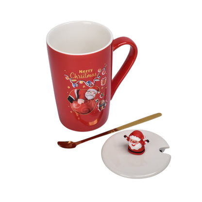 MUG POCILLO CON TAPA Y  CUCHARA DE CERAMICA NAVIDAD 420ML DIM:8X8X12