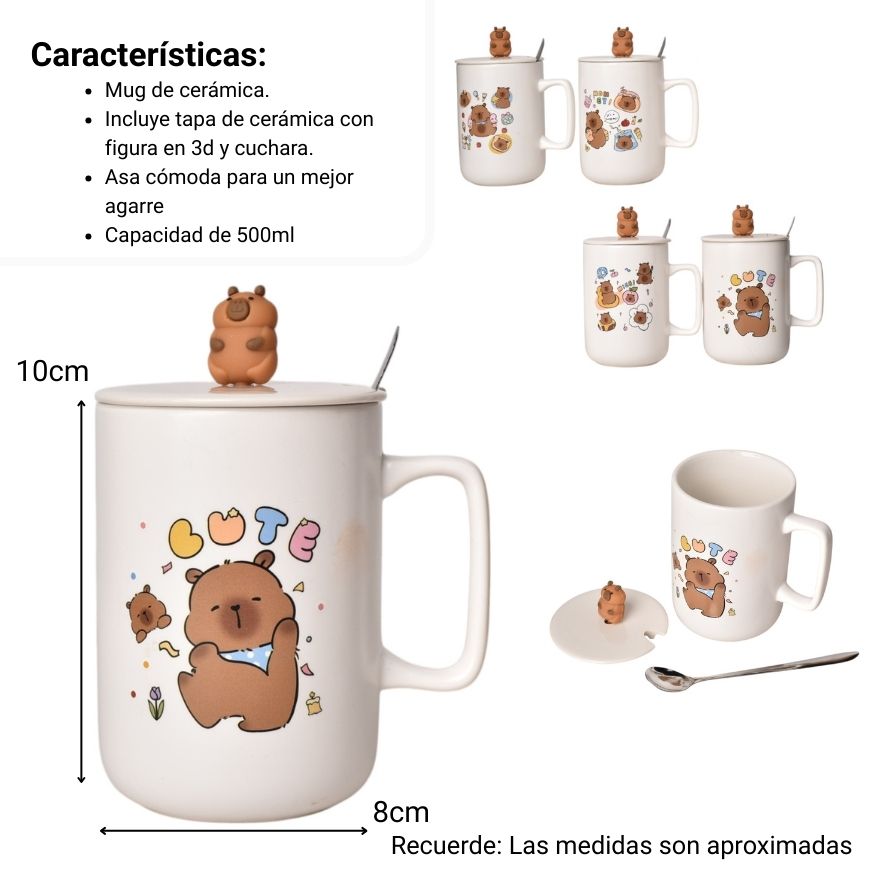 mug pocillo con tapa cuchara ceramica diseños capybara 500ml
