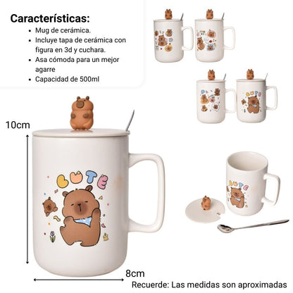 MUG POCILLO CON TAPA CUCHARA CERAMICA DISEÑOS CAPYBARA 500ML