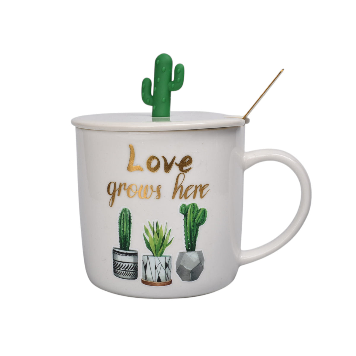 mug pocillo con tapa y  cuchara de ceramica diseño captus 380ml dim:9x9x8