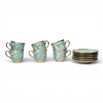 SET 6PCS POCILLO CERMICA CON PLATO VERDE ROSADO 90ML DIM:6X6X5