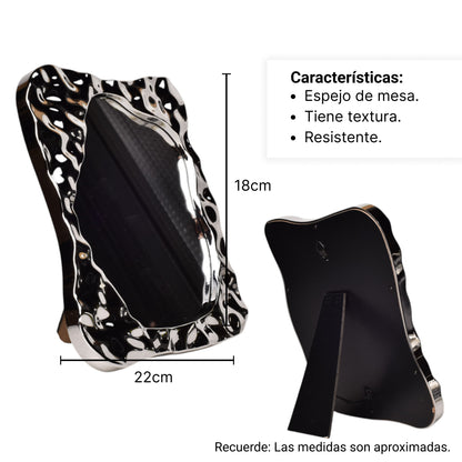 ESPEJO VIDRIO PLASTICO PLATEADO DISEÑO ELEGANTE DIM:18X22X2