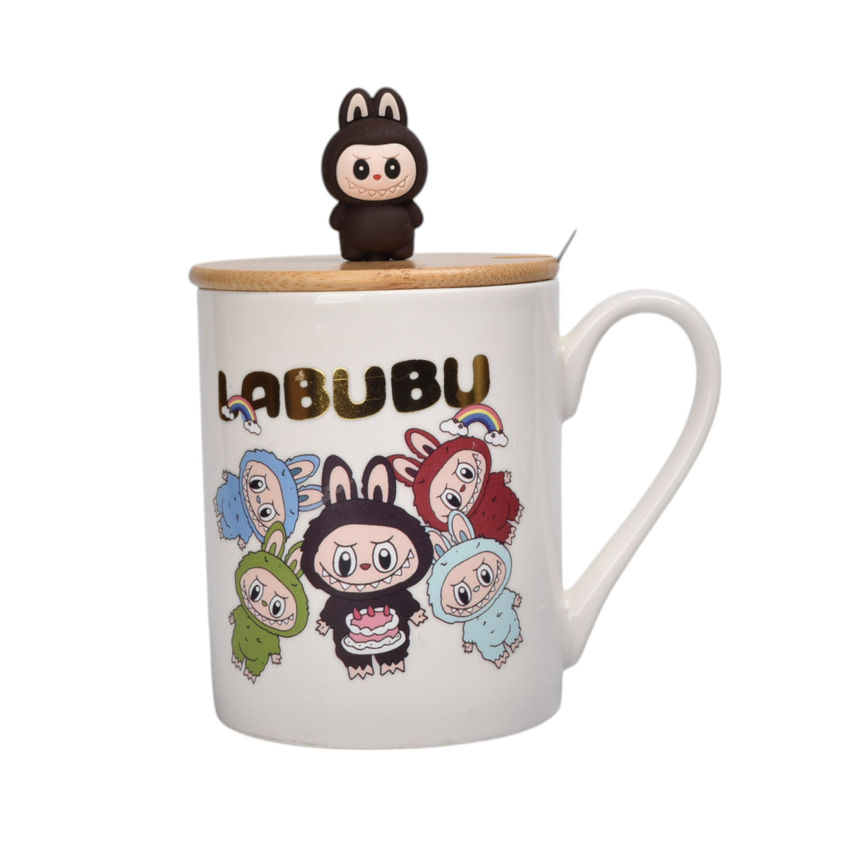 mug pocillo ceramica con tapa de madera personaje 350ml dim:8x8x9
