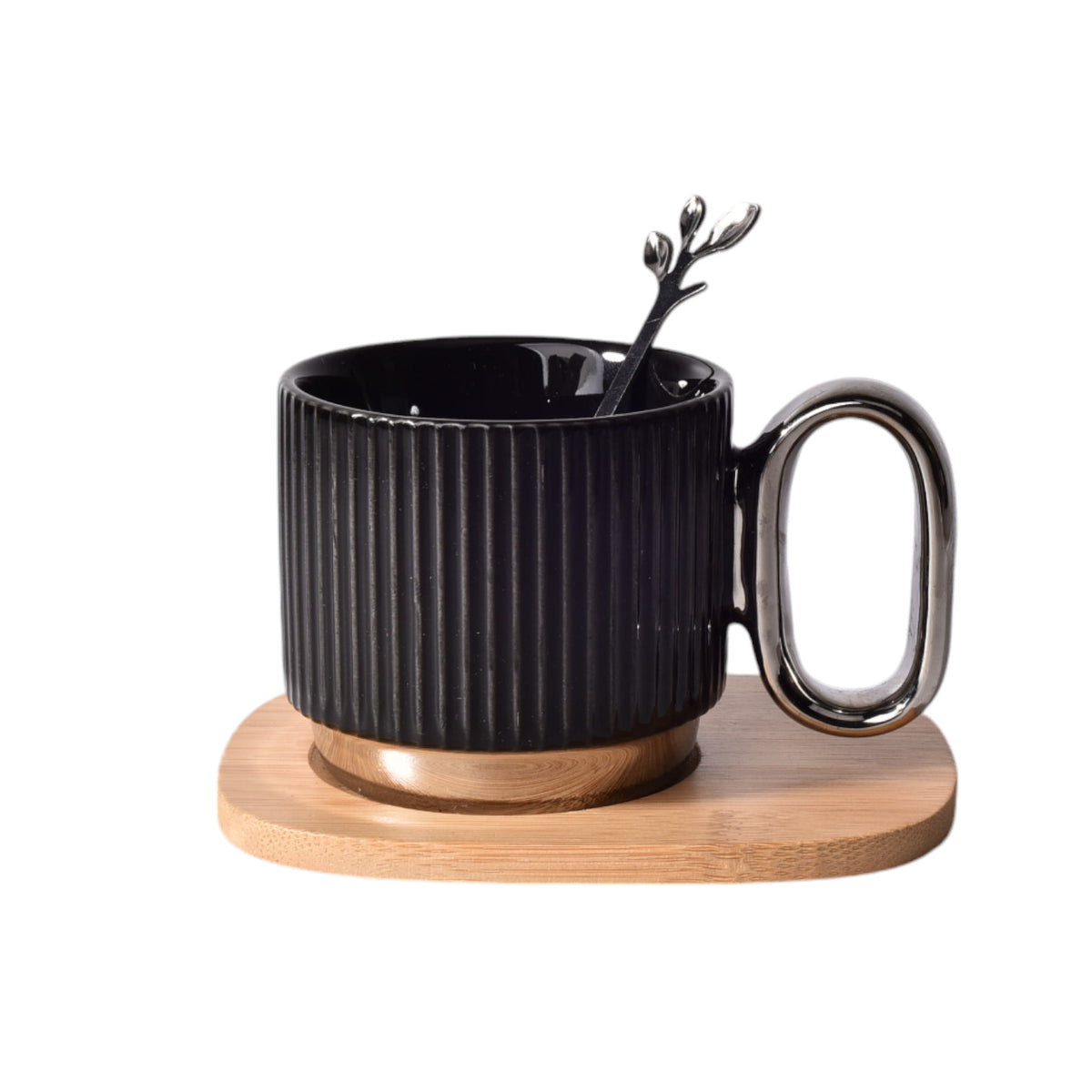 mug pocillo ceramica con cuchara y base madera