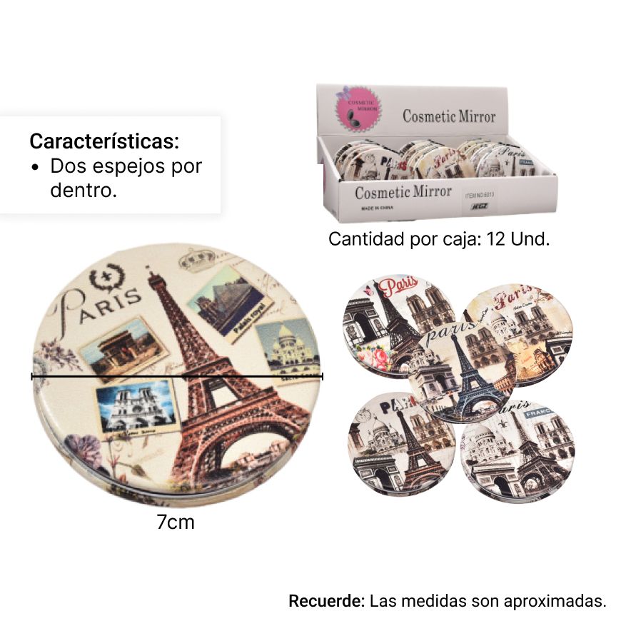 espejo redondo plastico cartera dim: 7x7cm