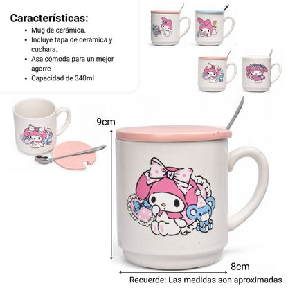 MUG POCILLO CERAMICA PERSONAJE CON TAPA Y CUCHARA 340ML DIM:8X9