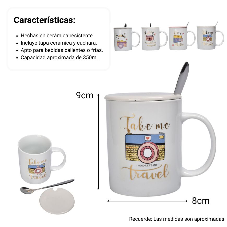 mug pocillo con tapa y  cuchara de ceramica varios diseños 350ml dim:8x8x9