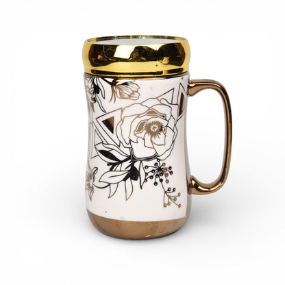 MUG POCILLO CERAMICA DORADO TAPA ESPEJO 420ML DIM:7X7X14