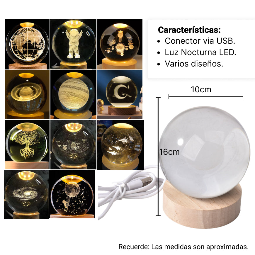 lampara esfera cristal vidrio con base madera grande dim:8x8