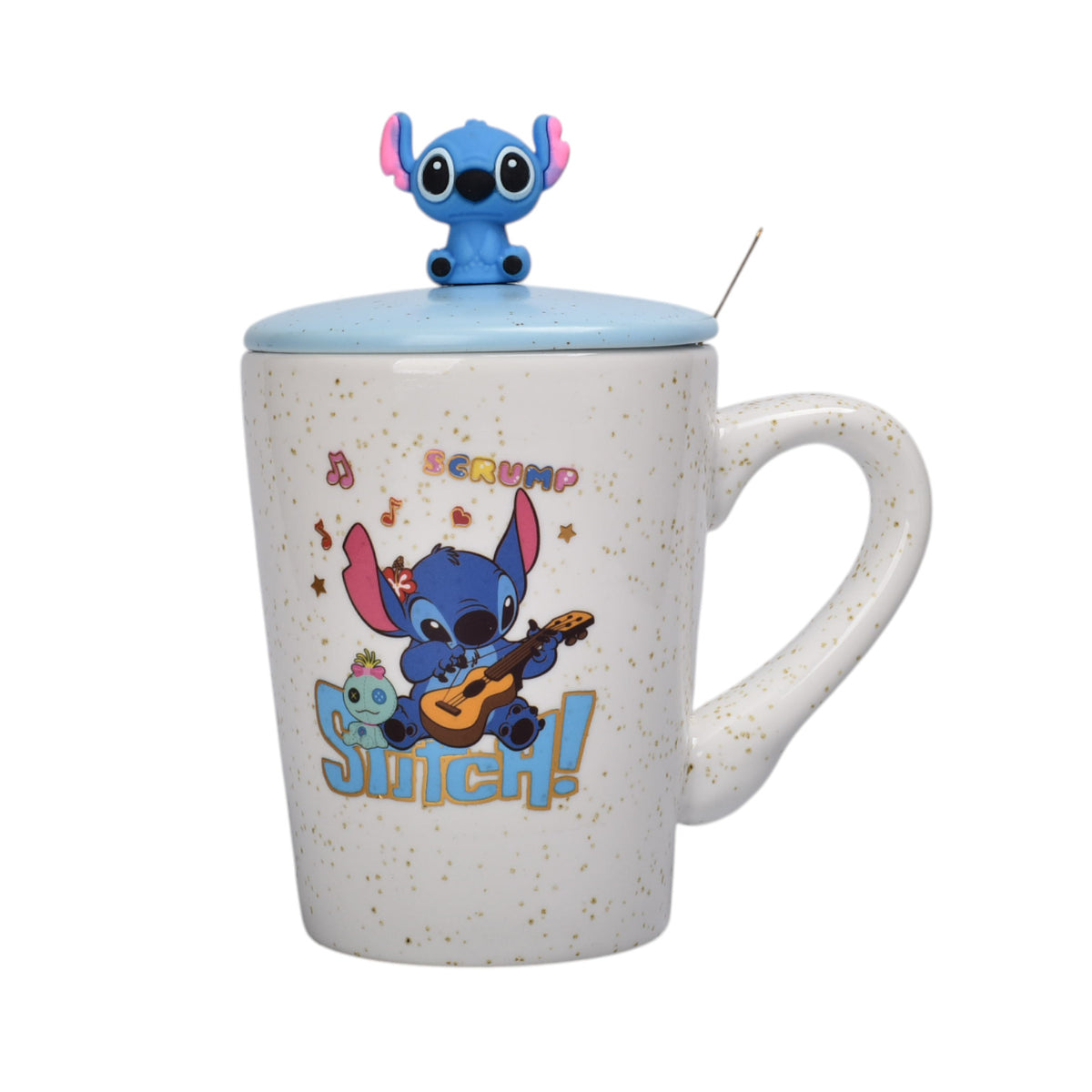 mug pocillo con tapa y  cuchara de ceramica personaje 380ml