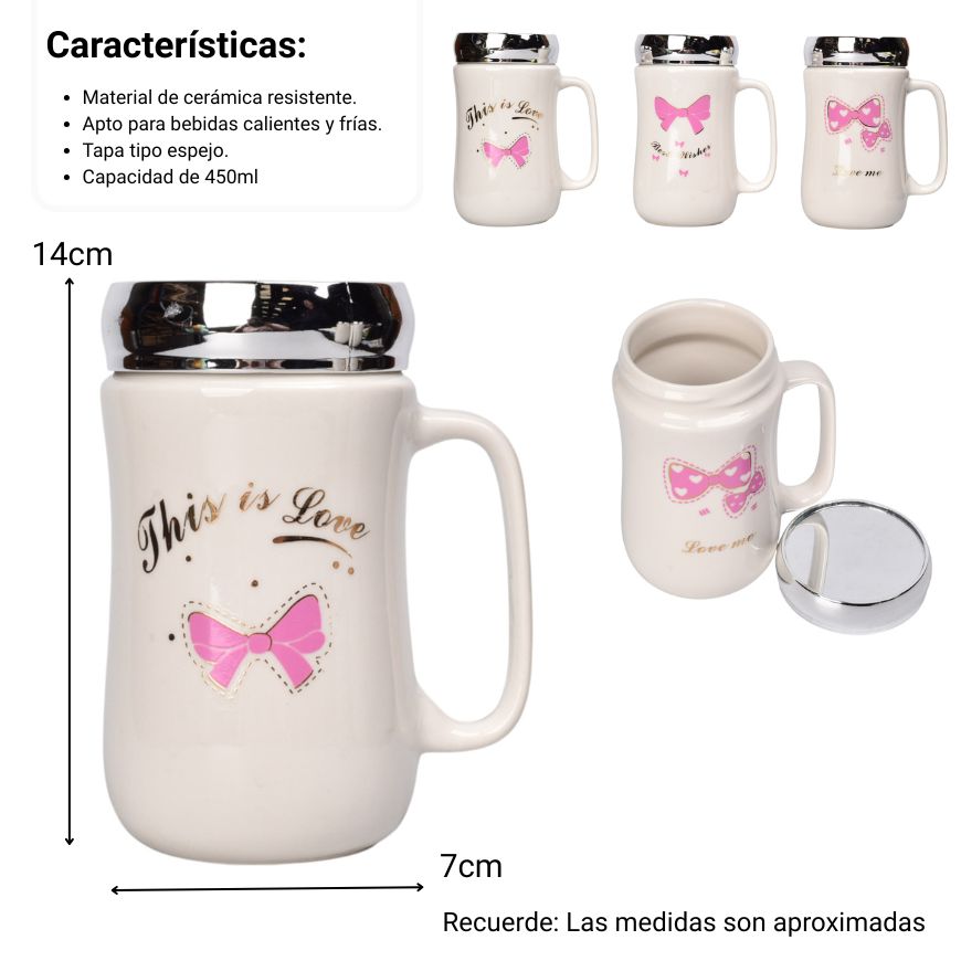 mug pocillo ceramica tapa espejo moños 450ml