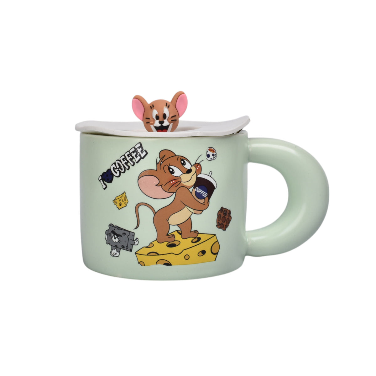 mug pocillo ceramica con tapa personaje 420ml dim:9x9x7
