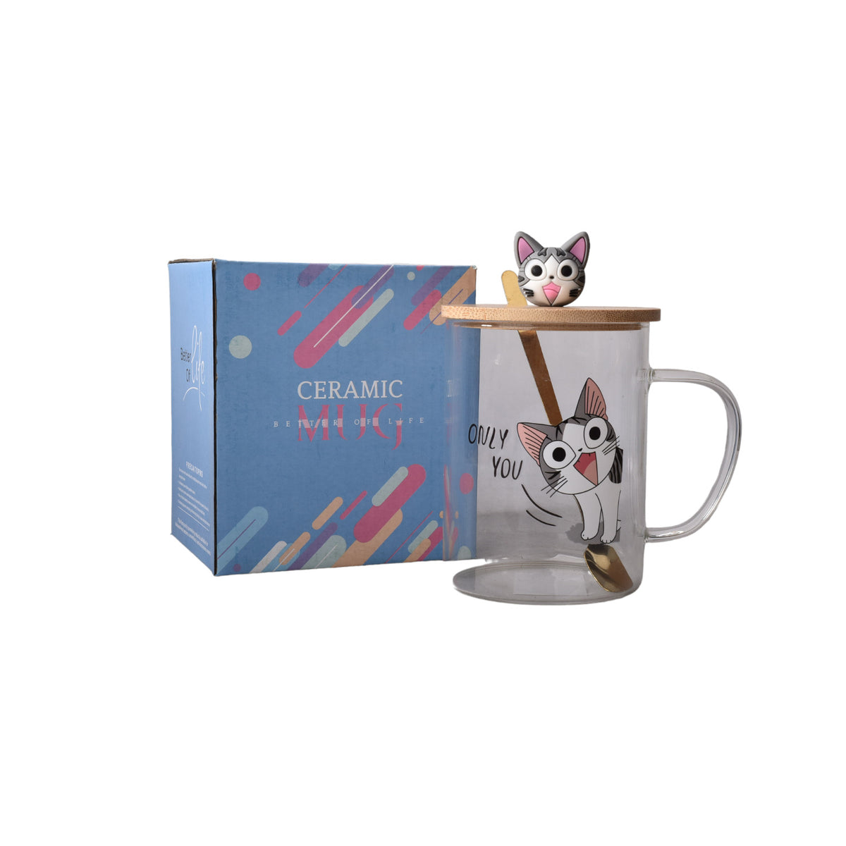 mug pocillo transparente diseño de gatos en vidrio con tapa