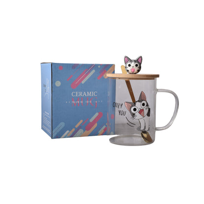 MUG POCILLO TRANSPARENTE DISEÑO DE GATOS EN VIDRIO CON TAPA