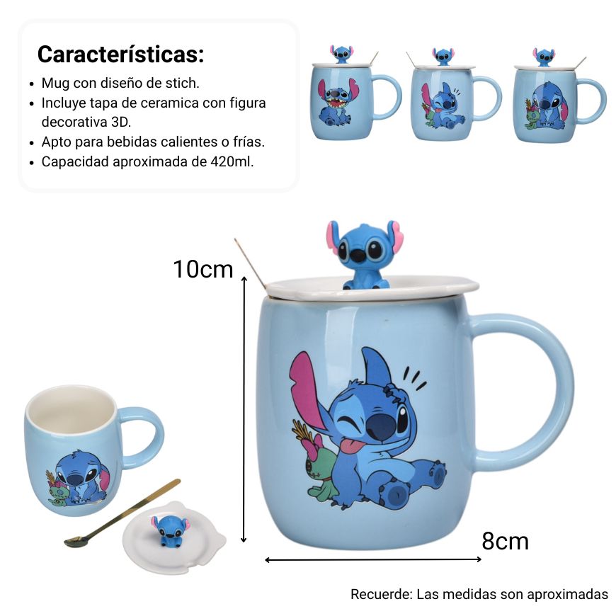 mug pocillo con tapa ceramica y cuchara personaje 420ml