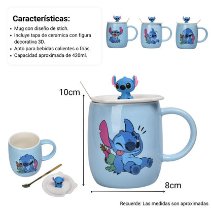 MUG POCILLO CON TAPA CERAMICA Y CUCHARA PERSONAJE 420ML