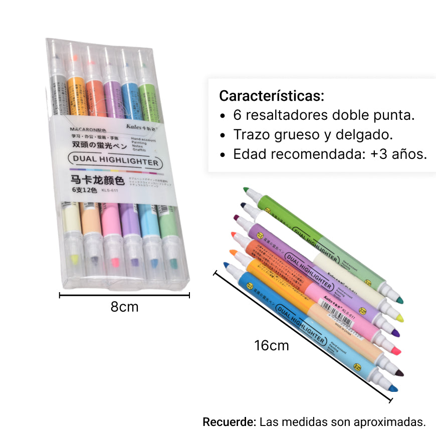 resaltador x 6 pcs doble punta