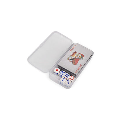 KIT DADOS Y CARTAS PLASTICO DIM:5.8X8.7CM