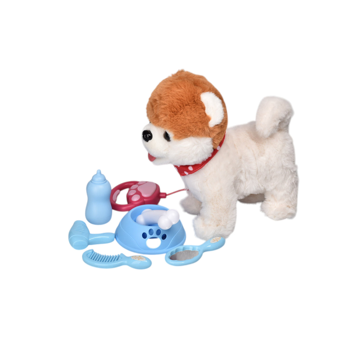 juguete con movimiento y sonido perro cafe con blanco peluche dim:25x12x26