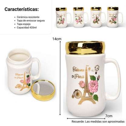 MUG POCILLO CERAMICA TAPA ESPEJO 420ML DIM:7X7X14