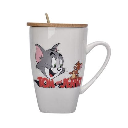 MUG POCILLO CERAMICA PERSONAJE CON TAPA DE MADERA 380ML