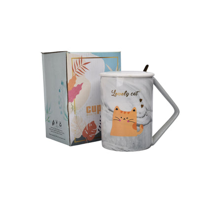 MUG POCILLO CON TAPA Y  CUCHARA DE CERAMICA DISEÑO GATOS 430ML DIM:8X8X11