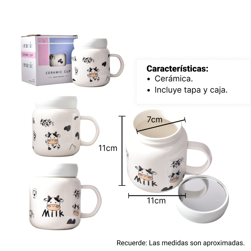 mug pocillo en ceramica de vaca grande con tapa plastica