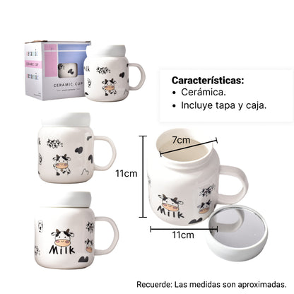 MUG POCILLO EN CERAMICA DE VACA GRANDE CON TAPA PLASTICA