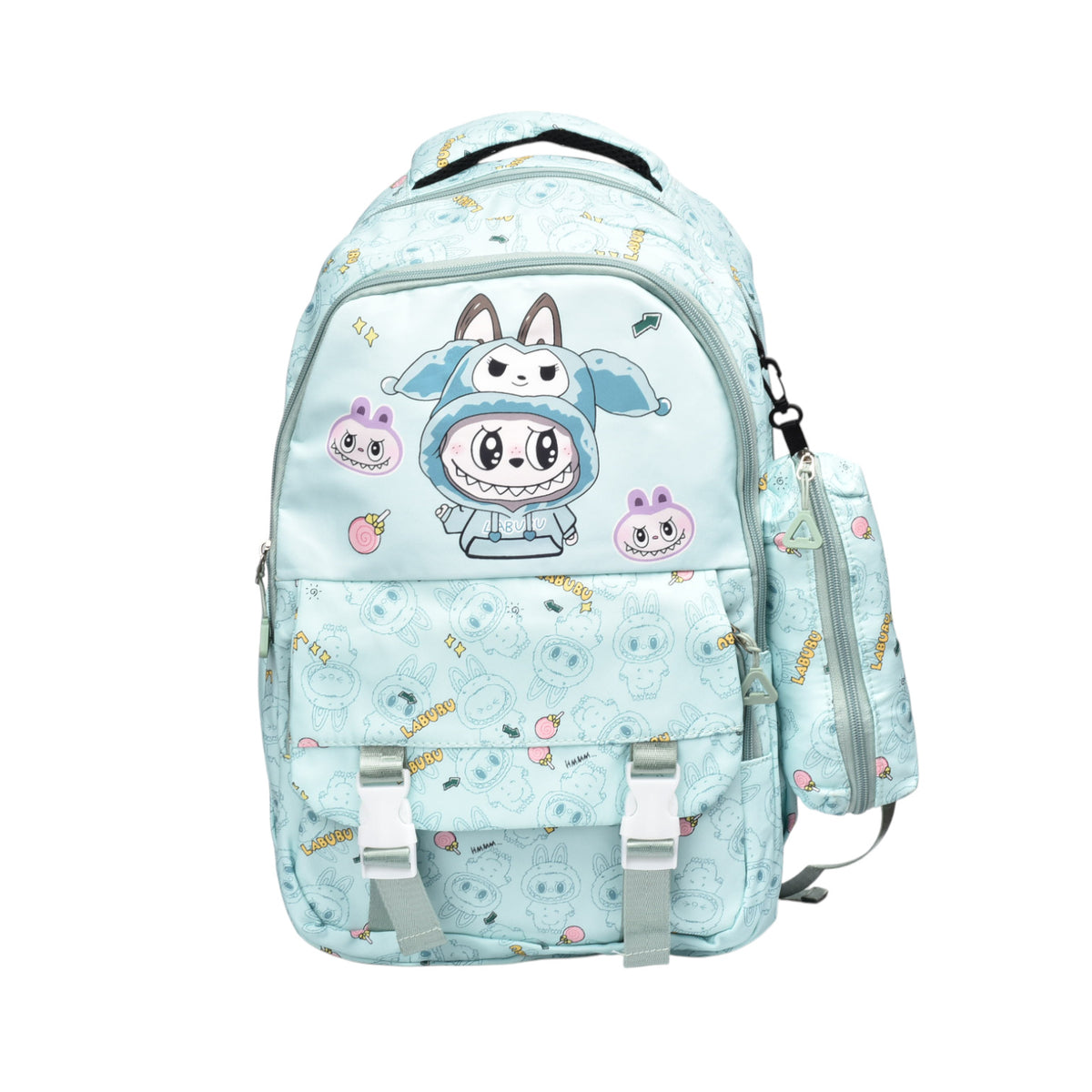 maleta morral con cartuchera poliester personaje dim:46x32x15